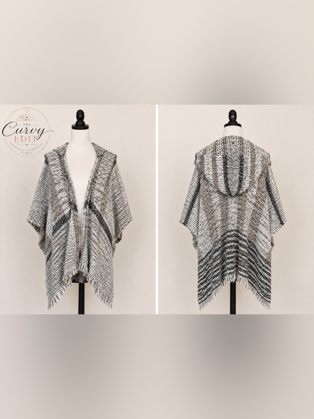 Vince Camuto Hooded Plaid Ruana Poncho Wrap | Gray Taupe Fringe One Size Chic